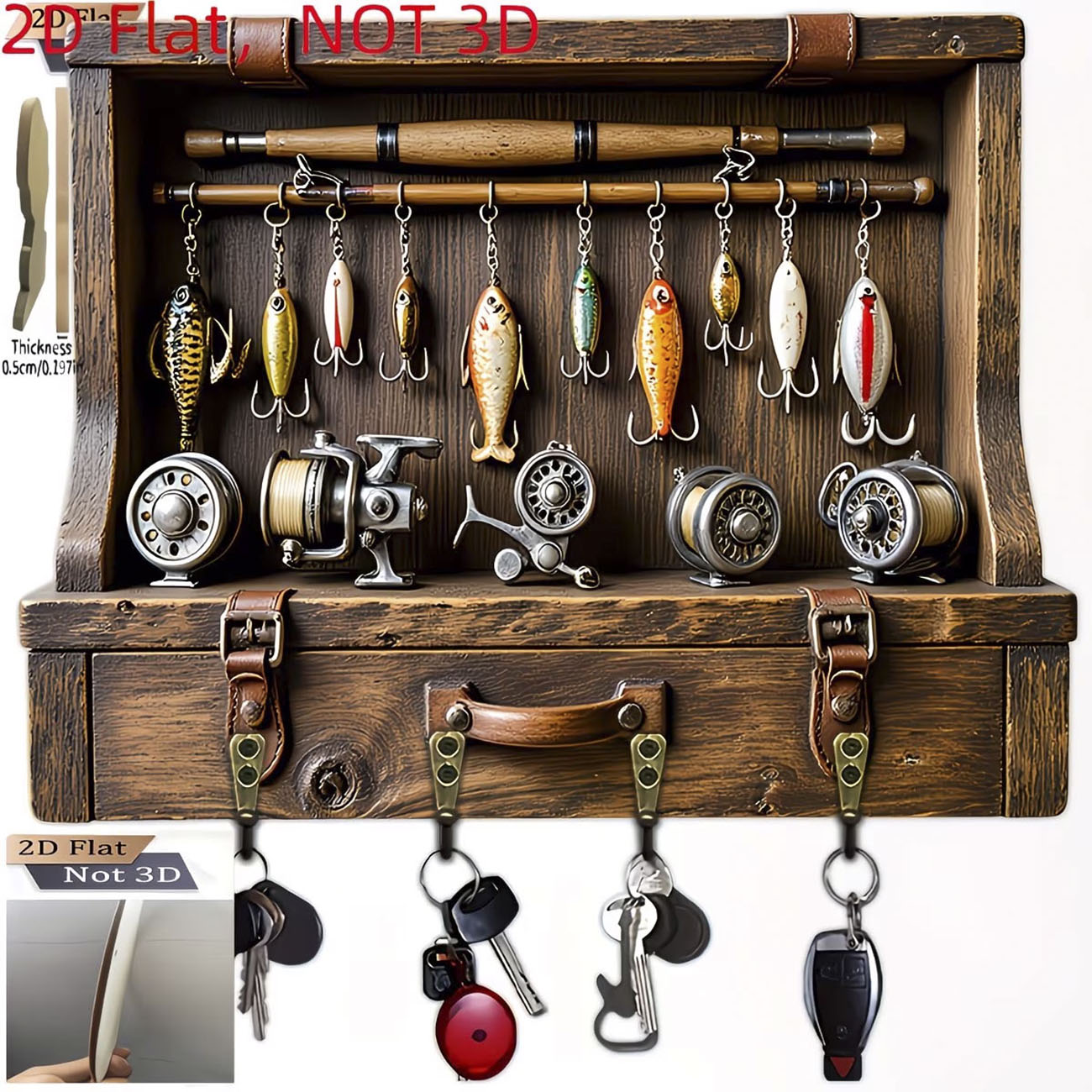 Fishing Line Spooler - ที่แขวนกุญแจรูปเหยื่อตกปลาแบบวินเทจ ลายพิมพ์แบน 2 มิติ รูปคันเบ็ดและรอกตกปลา ที่แขวนกุญแจติดผนังสำหรับนักตกปลา