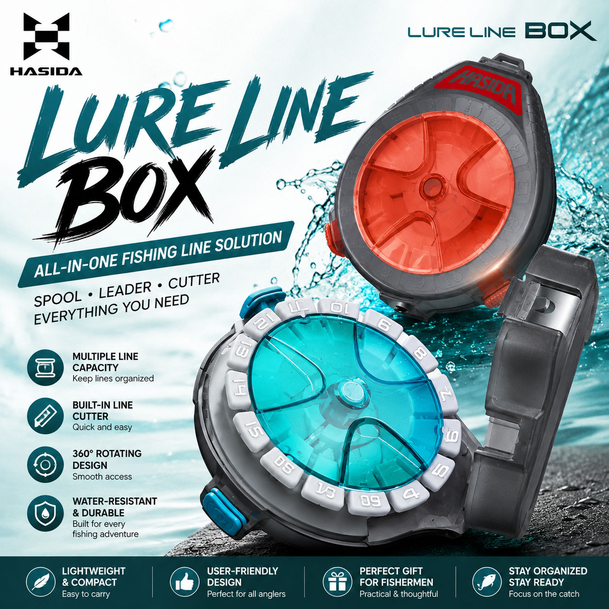 Fishing Line Dispenser - กล่องอุปกรณ์ตกปลา HASIDA แบบพกพา พร้อมใบมีด แขวนได้ นำเข้า